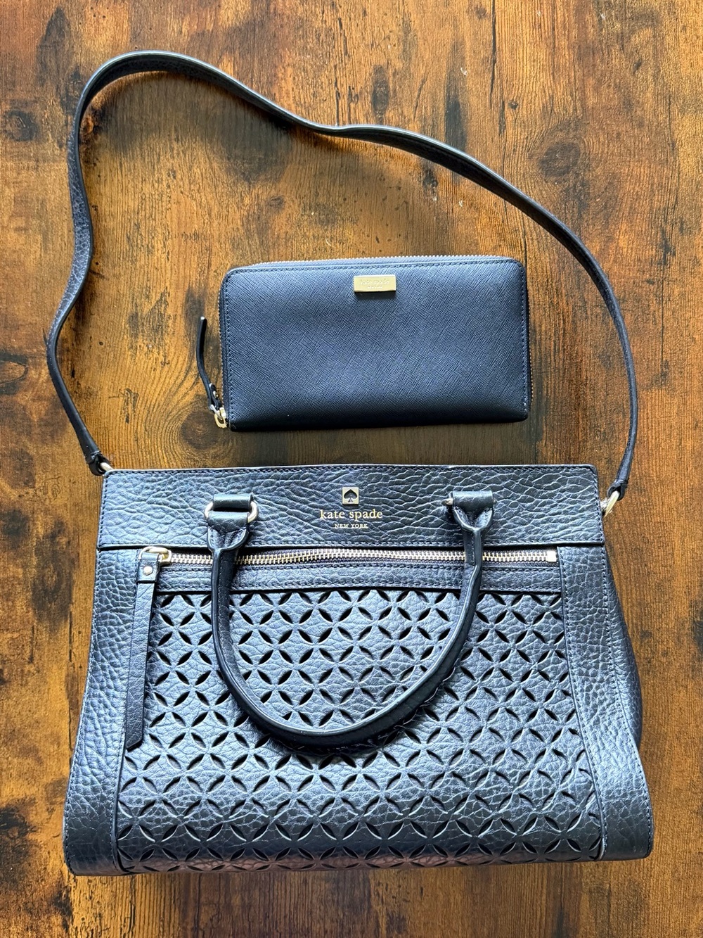 kate spade Perri Lane Black Laser-Cut Leather Satchel & Matching Wallet